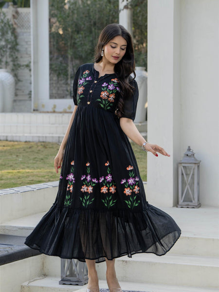 BlackRound Neck Hand Brush Painted Dress