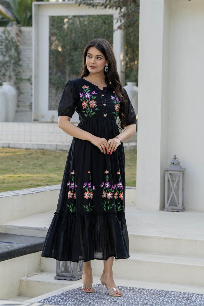 BlackRound Neck Hand Brush Painted Dress