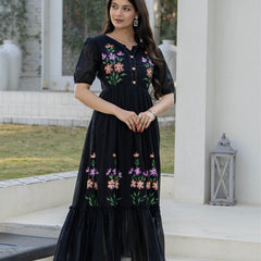 BlackRound Neck Hand Brush Painted Dress