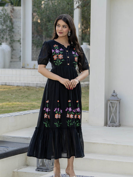 BlackRound Neck Hand Brush Painted Dress