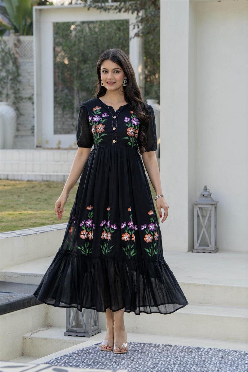 BlackRound Neck Hand Brush Painted Dress