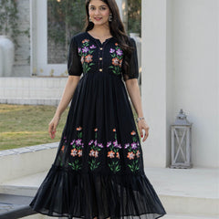 BlackRound Neck Hand Brush Painted Dress
