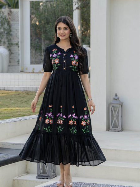 BlackRound Neck Hand Brush Painted Dress