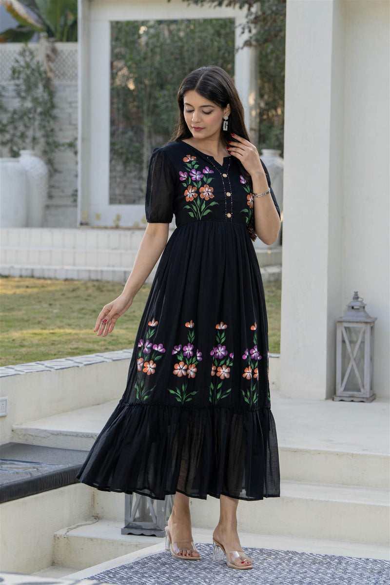 BlackRound Neck Hand Brush Painted Dress
