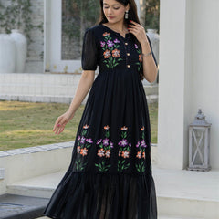 BlackRound Neck Hand Brush Painted Dress