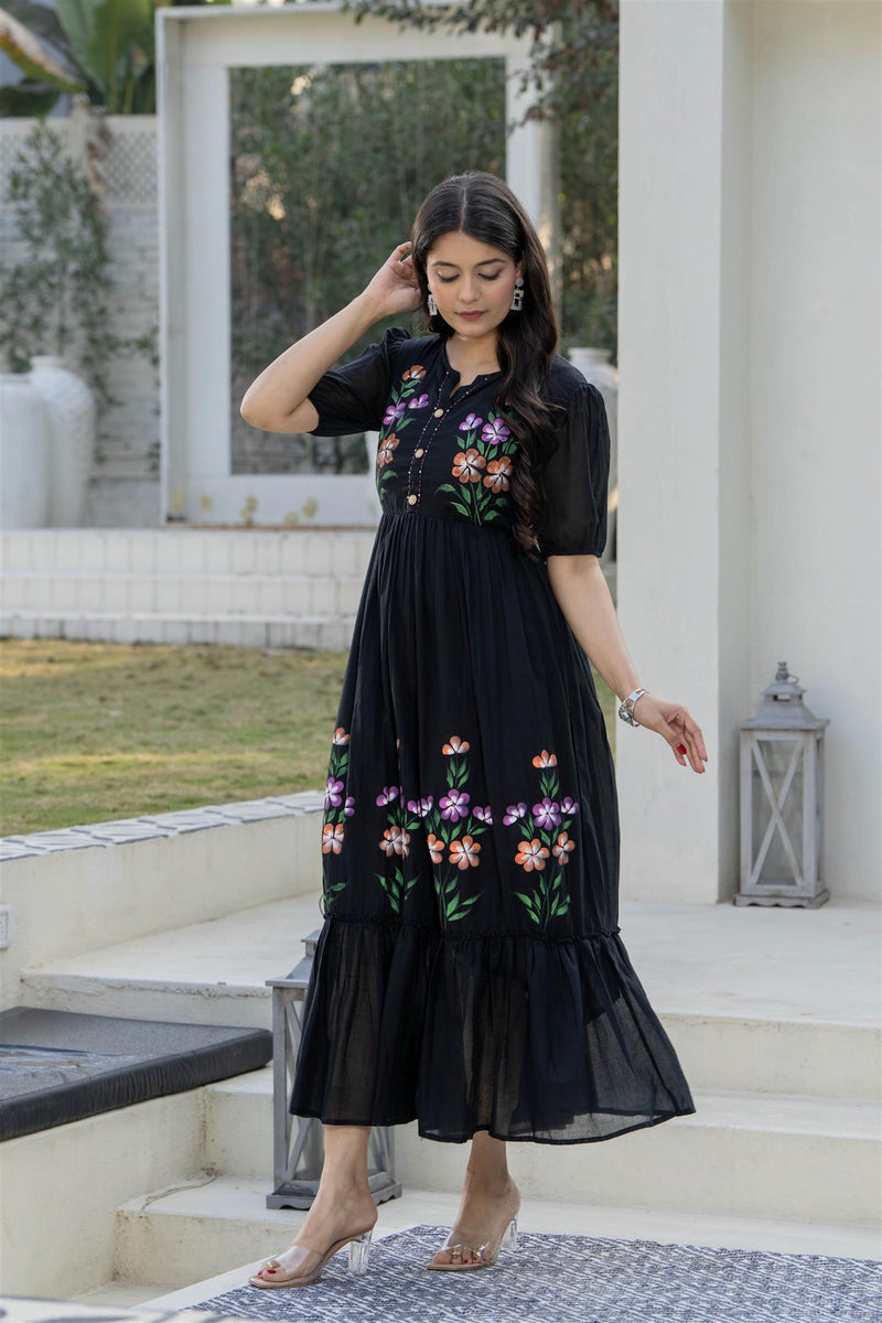 BlackRound Neck Hand Brush Painted Dress