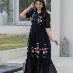BlackRound Neck Hand Brush Painted Dress