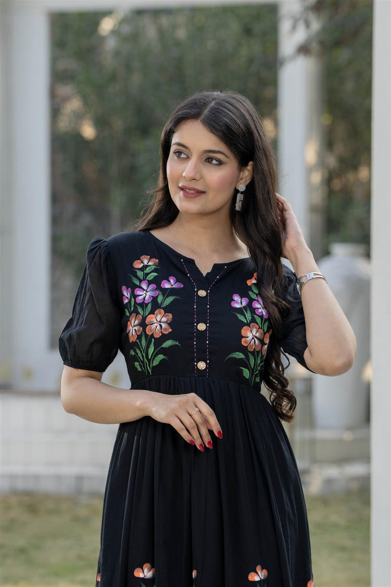 BlackRound Neck Hand Brush Painted Dress