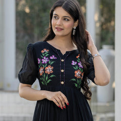 BlackRound Neck Hand Brush Painted Dress