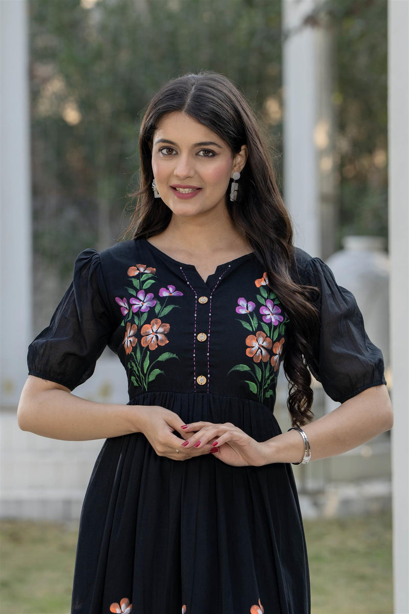 BlackRound Neck Hand Brush Painted Dress
