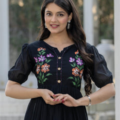 BlackRound Neck Hand Brush Painted Dress