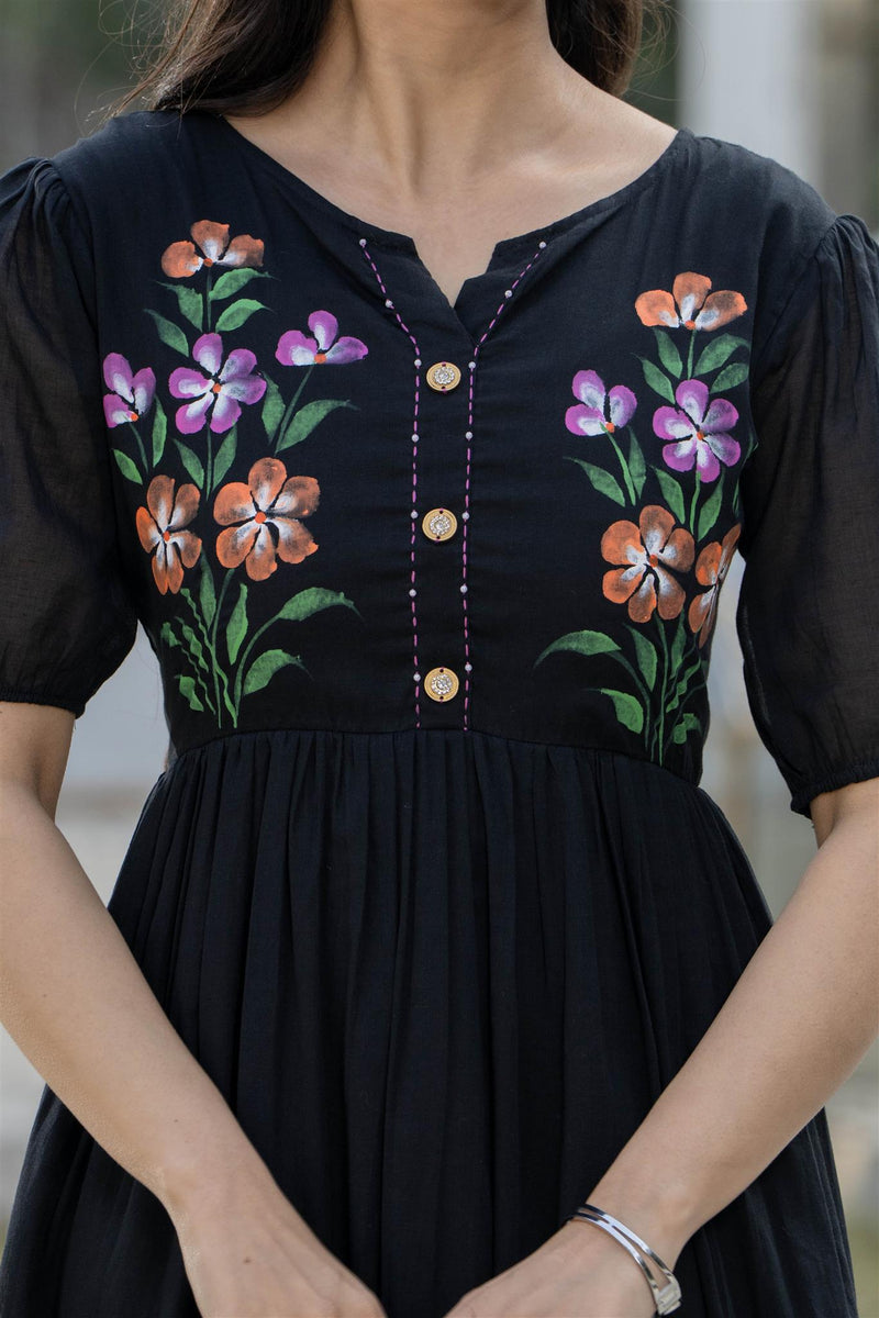BlackRound Neck Hand Brush Painted Dress