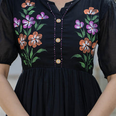 BlackRound Neck Hand Brush Painted Dress