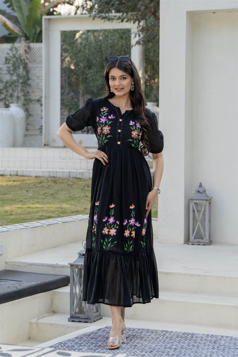 BlackRound Neck Hand Brush Painted Dress