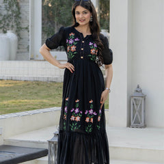 BlackRound Neck Hand Brush Painted Dress