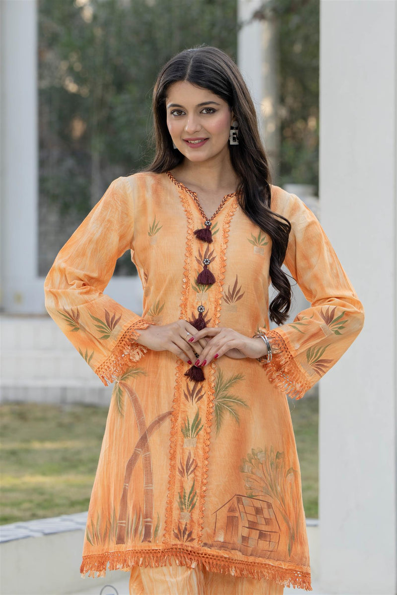 Woman Cotton V-Neck with Collor Hand Brush Painted Cord Set