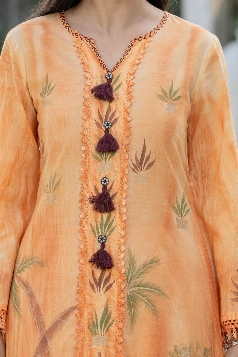 Woman Cotton V-Neck with Collor Hand Brush Painted Cord Set