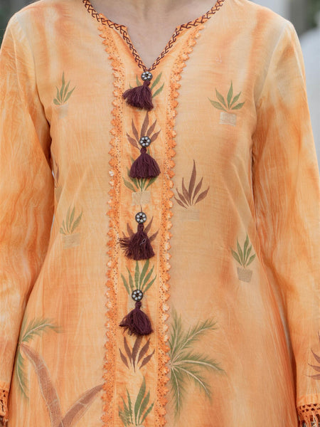 Woman Cotton V-Neck with Collor Hand Brush Painted Cord Set