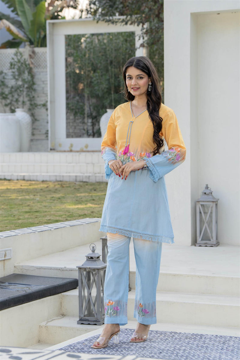 Woman V-Neck Hand Brush Painted Cord Set