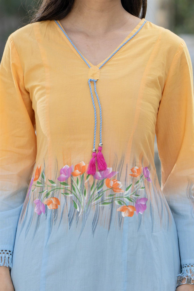 Woman V-Neck Hand Brush Painted Cord Set