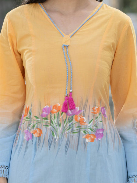 Woman V-Neck Hand Brush Painted Cord Set