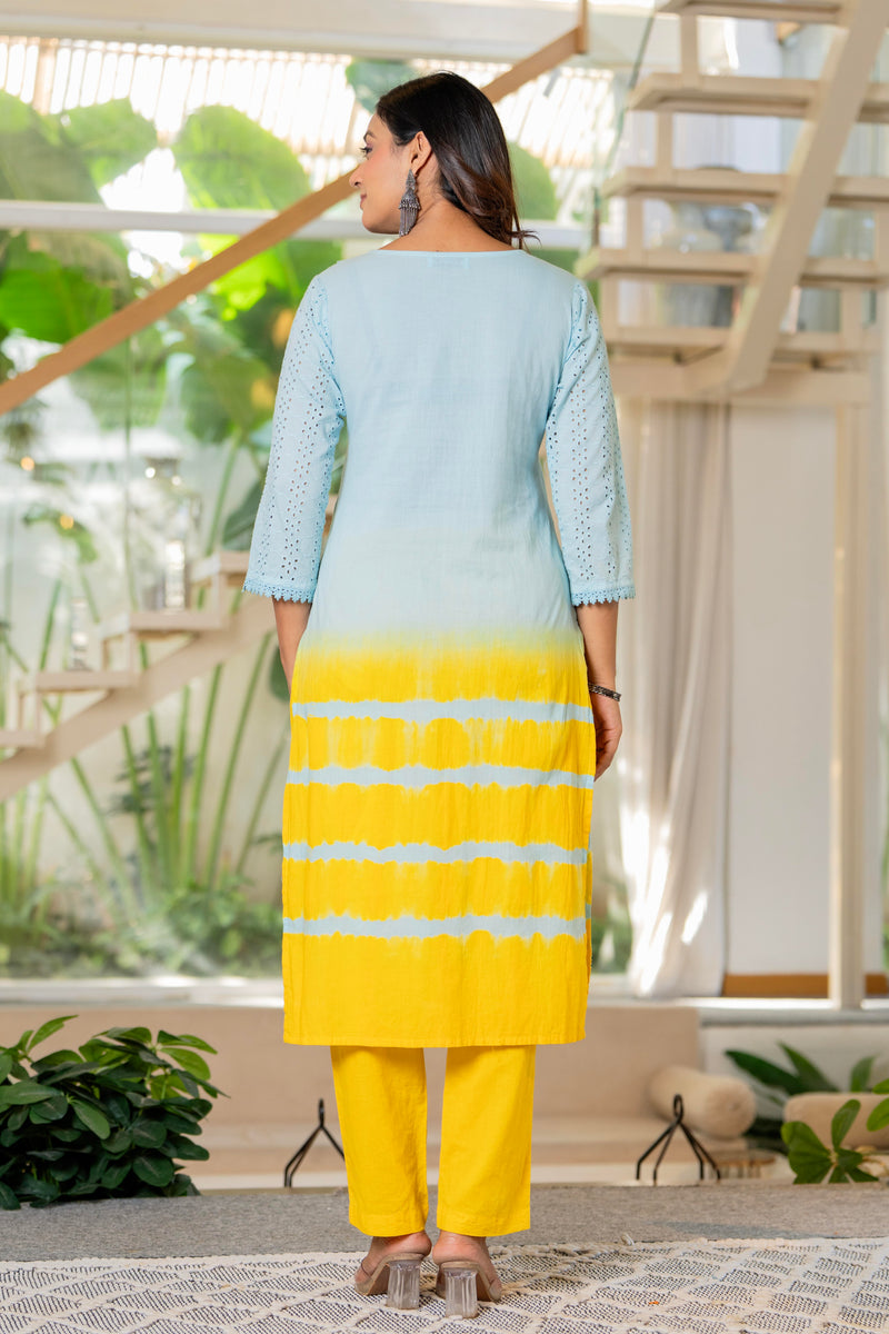Women Tie& dye Cotton Straight Shape Kurta, Pant With Dupapta