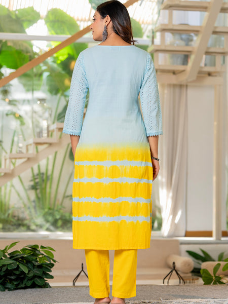 Women Tie& dye Cotton Straight Shape Kurta, Pant With Dupapta