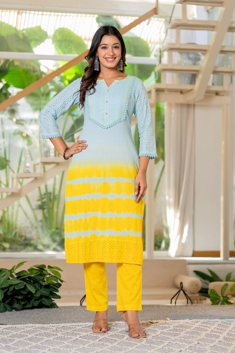 Women Tie& dye Cotton Straight Shape Kurta, Pant With Dupapta