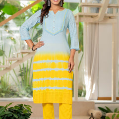 Women Tie& dye Cotton Straight Shape Kurta, Pant With Dupapta
