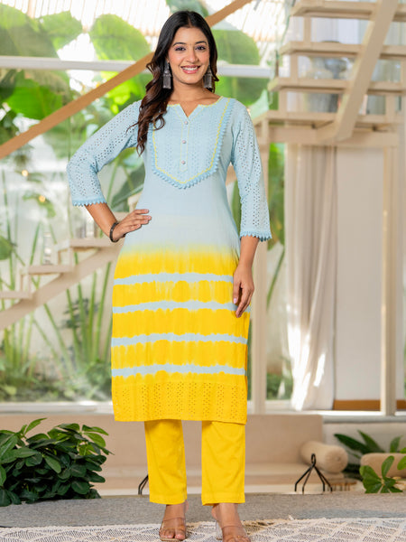 Women Tie& dye Cotton Straight Shape Kurta, Pant With Dupapta