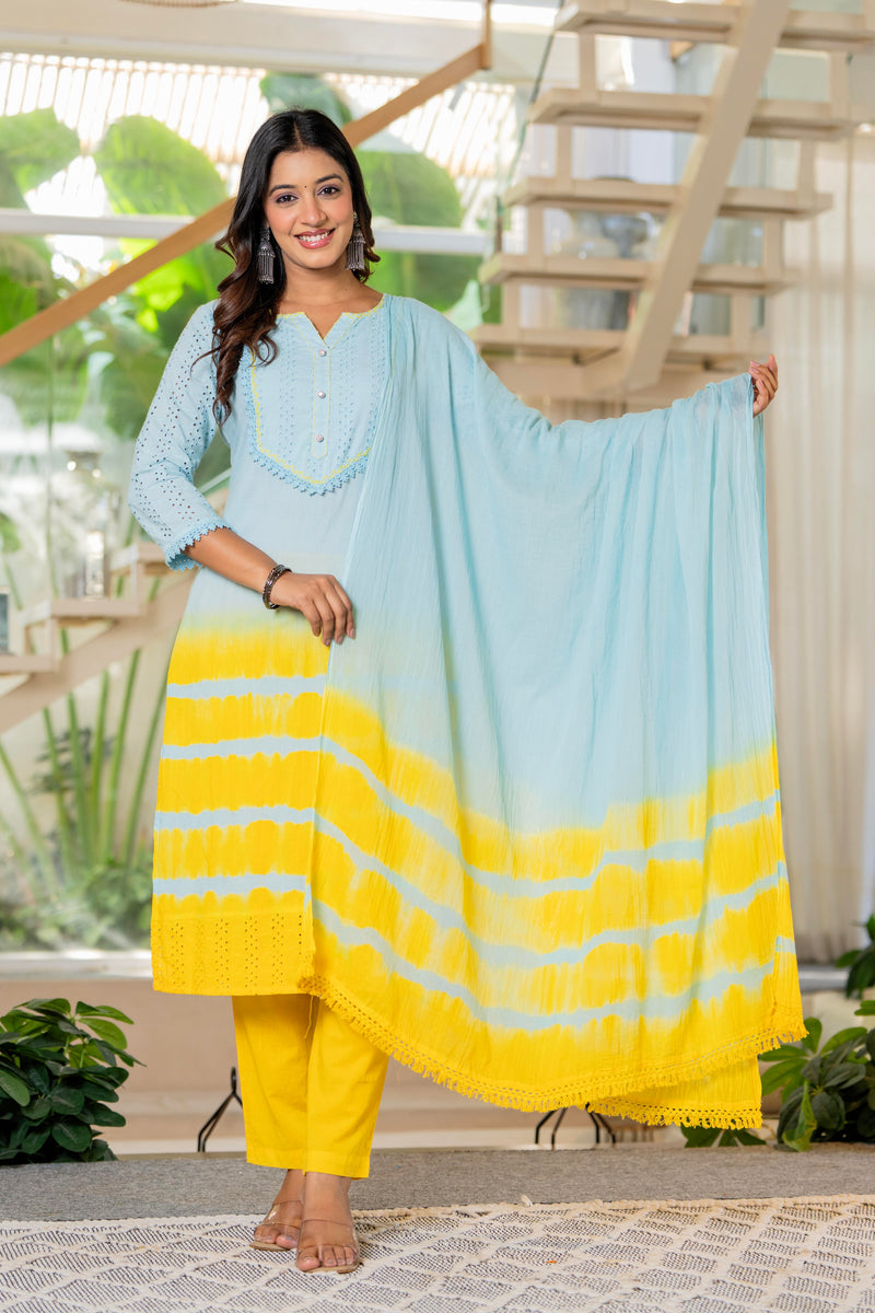 Women Tie& dye Cotton Straight Shape Kurta, Pant With Dupapta