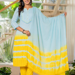 Women Tie& dye Cotton Straight Shape Kurta, Pant With Dupapta