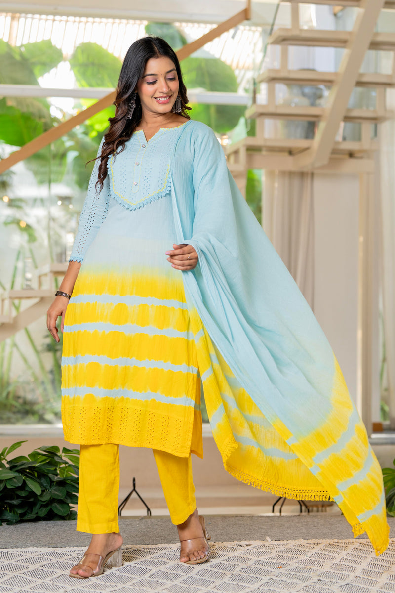 Women Tie& dye Cotton Straight Shape Kurta, Pant With Dupapta