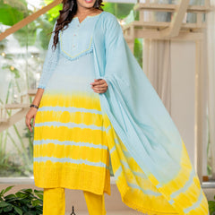 Women Tie& dye Cotton Straight Shape Kurta, Pant With Dupapta