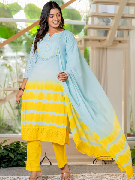 Women Tie& dye Cotton Straight Shape Kurta, Pant With Dupapta