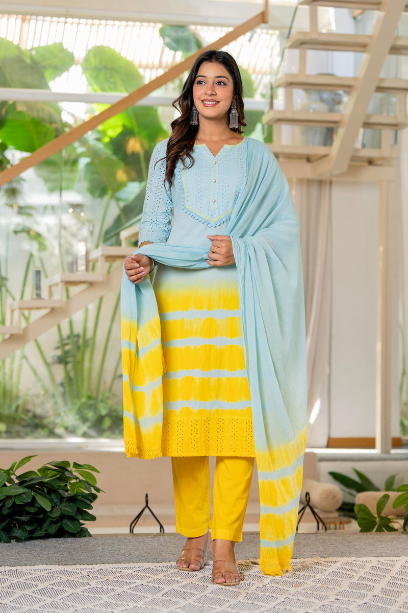 Women Tie& dye Cotton Straight Shape Kurta, Pant With Dupapta