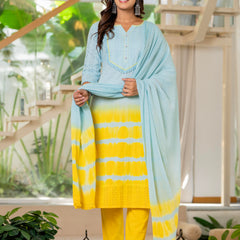 Women Tie& dye Cotton Straight Shape Kurta, Pant With Dupapta