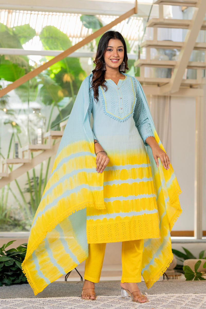 Women Tie& dye Cotton Straight Shape Kurta, Pant With Dupapta