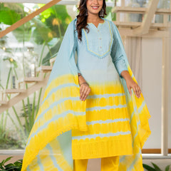 Women Tie& dye Cotton Straight Shape Kurta, Pant With Dupapta