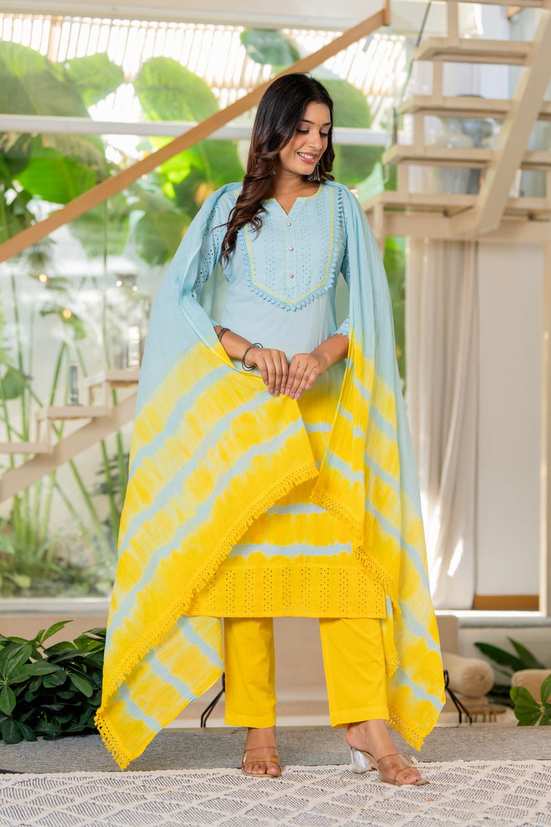 Women Tie& dye Cotton Straight Shape Kurta, Pant With Dupapta