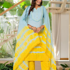 Women Tie& dye Cotton Straight Shape Kurta, Pant With Dupapta
