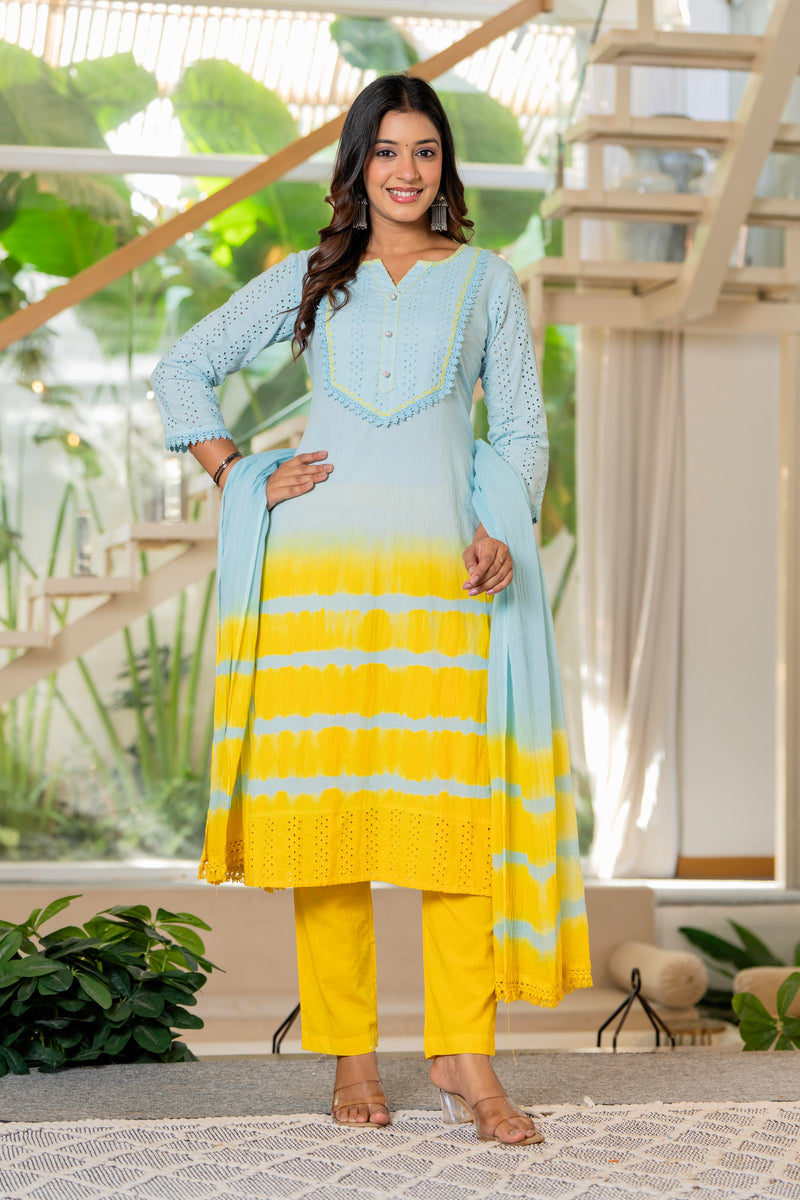 Women Tie& dye Cotton Straight Shape Kurta, Pant With Dupapta