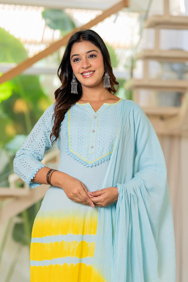 Women Tie& dye Cotton Straight Shape Kurta, Pant With Dupapta