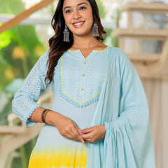 Women Tie& dye Cotton Straight Shape Kurta, Pant With Dupapta