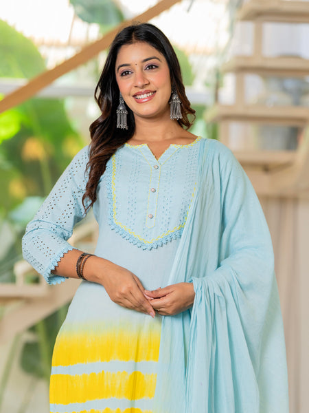 Women Tie& dye Cotton Straight Shape Kurta, Pant With Dupapta