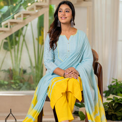 Women Tie& dye Cotton Straight Shape Kurta, Pant With Dupapta