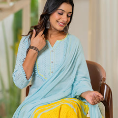 Women Tie& dye Cotton Straight Shape Kurta, Pant With Dupapta