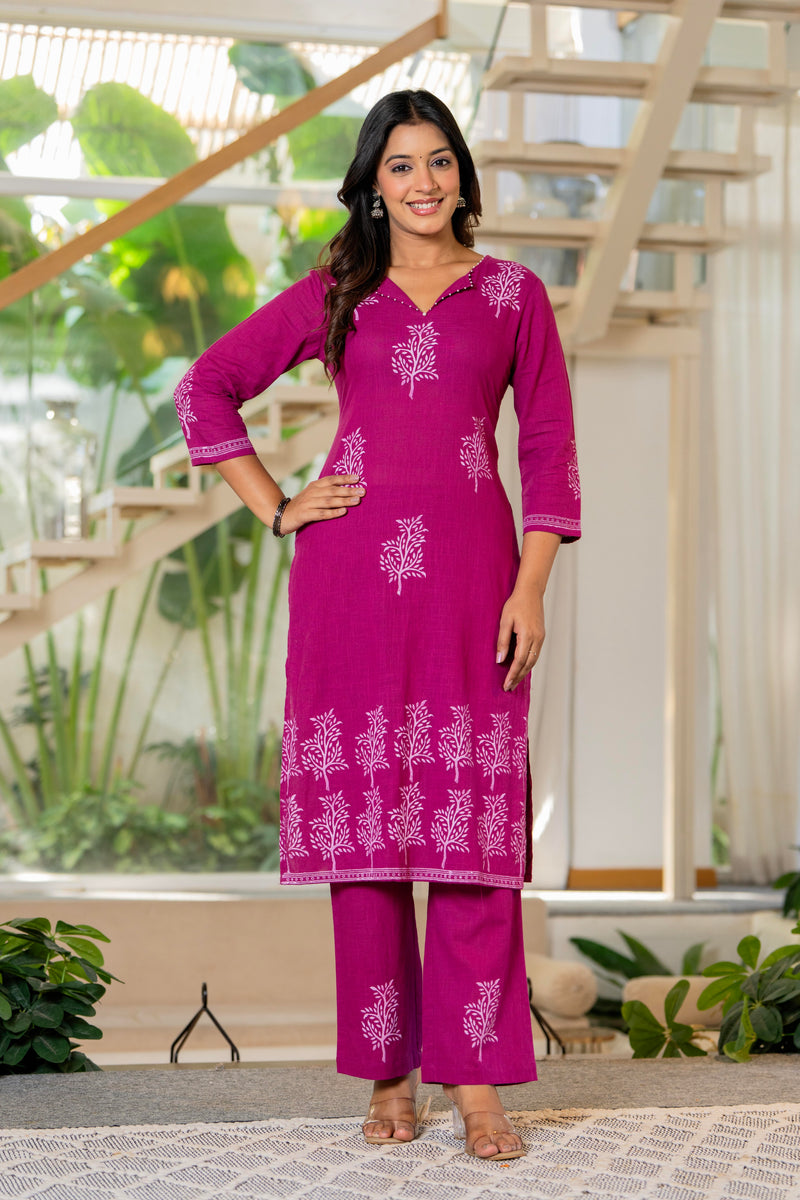 Women V-Neck Block Printing Cotton Cord-set