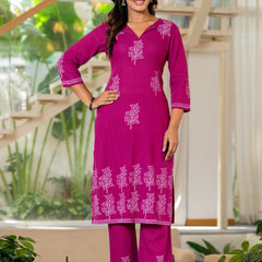 Women V-Neck Block Printing Cotton Cord-set