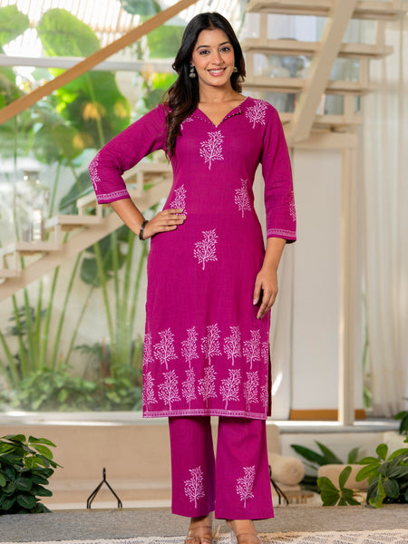 Women V-Neck Block Printing Cotton Cord-set